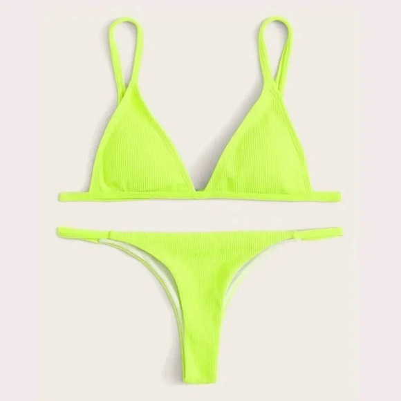 NEW! Neon Yellow Ribbed Strappy Triangle Bikini - Picture 7 of 13